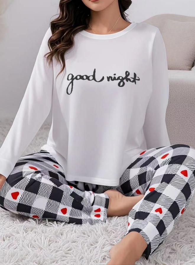 Take Two Slogan Printed Long Sleeve Top and Checked Pyjama Set - Image 5